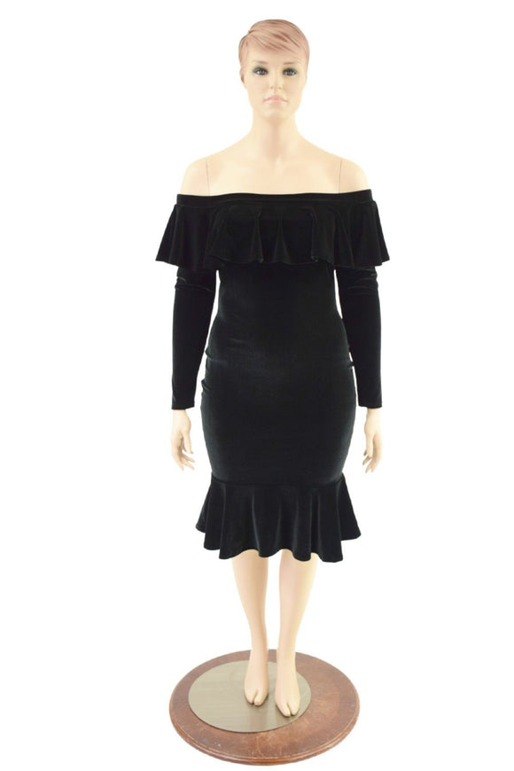 Off Shoulder Ruffled Wiggle Dress in Black Velvet - Coquetry Clothing