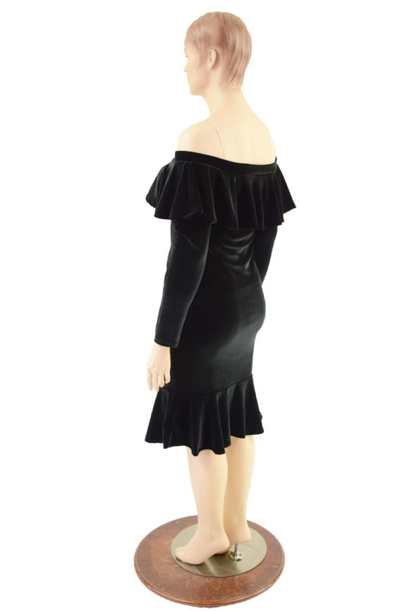 Off Shoulder Ruffled Wiggle Dress in Black Velvet - Coquetry Clothing