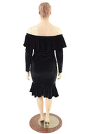 Off Shoulder Ruffled Wiggle Dress in Black Velvet - Coquetry Clothing