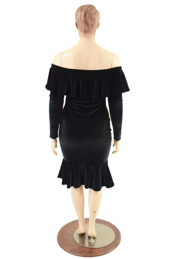Off Shoulder Ruffled Wiggle Dress in Black Velvet - Coquetry Clothing