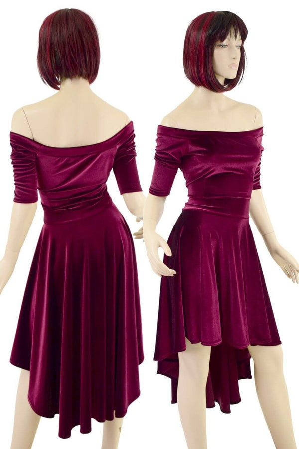 Burgundy Velvet Off Shoulder Hi Lo Dress - 1