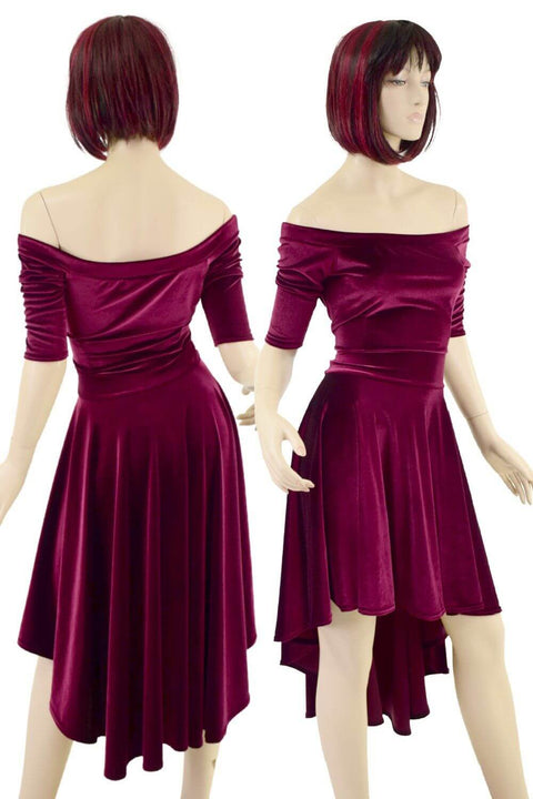 Burgundy Velvet Off Shoulder Hi Lo Dress - Coquetry Clothing