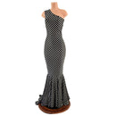 One Shoulder Black and White Polka Dot Puddle Train Gown - Coquetry Clothing