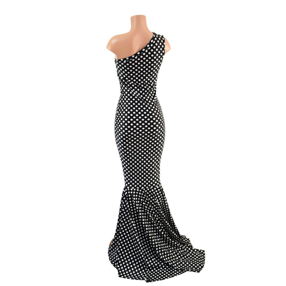 One Shoulder Black and White Polka Dot Puddle Train Gown - Coquetry Clothing