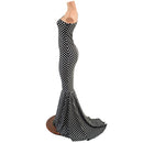 One Shoulder Black and White Polka Dot Puddle Train Gown - Coquetry Clothing