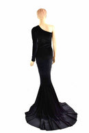 One Shoulder Black Velvet Puddle Train Gown - Coquetry Clothing