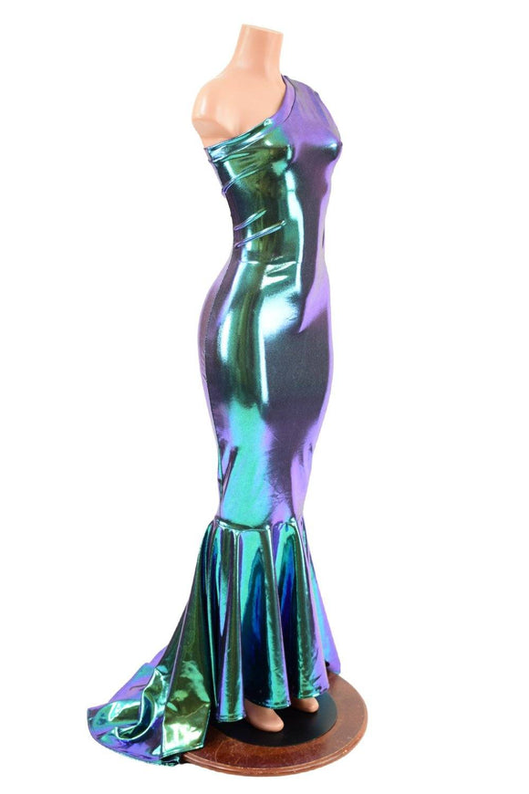 One Shoulder Gown with Puddle Train Hemline - Coquetry Clothing
