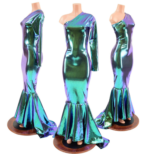 One Shoulder Gown with Puddle Train Hemline - 5