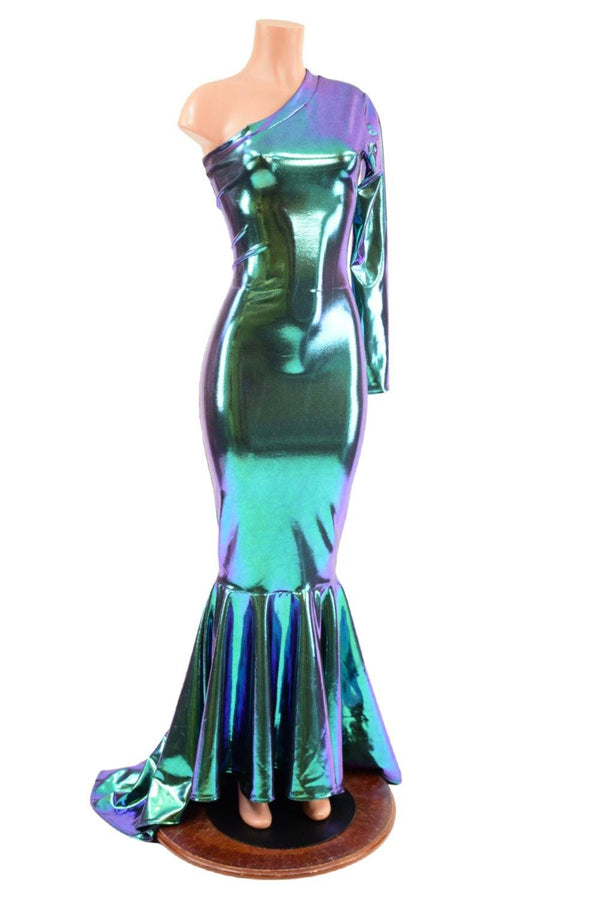 One Shoulder Gown with Puddle Train Hemline - 4