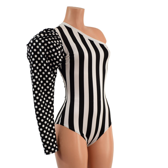One Shoulder Romper with Victoria Sleeve and Siren Cut Leg - Coquetry Clothing