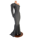 One Shoulder Victoria Sleeve Black and White Polka Dot Puddle Train Gown - Coquetry Clothing