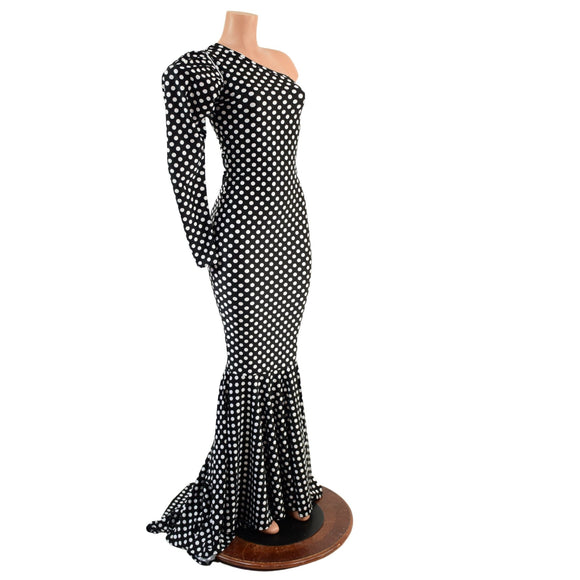 One Shoulder Victoria Sleeve Black and White Polka Dot Puddle Train Gown - Coquetry Clothing