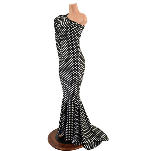 One Shoulder Victoria Sleeve Black and White Polka Dot Puddle Train Gown - Coquetry Clothing