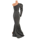 One Shoulder Victoria Sleeve Black and White Polka Dot Puddle Train Gown - Coquetry Clothing