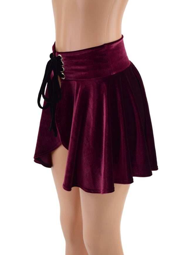 Open Front Lace Up Skirt in Burgundy Velvet - Coquetry Clothing
