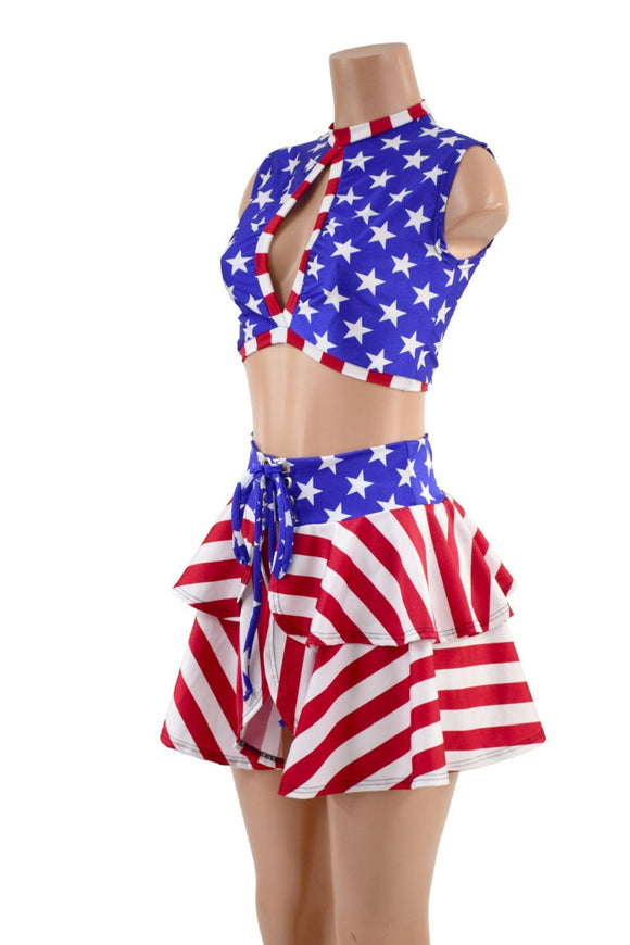 Patriotic Open Front Lace Up Skirt & Keyhole Top Set - Coquetry Clothing