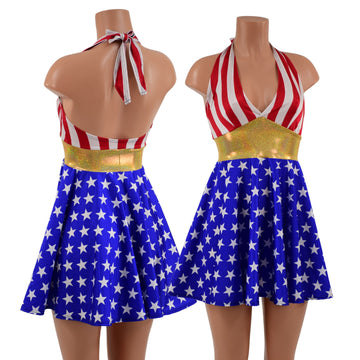 Patriotic Stars and Stripes Halter Skater Dress - Coquetry Clothing