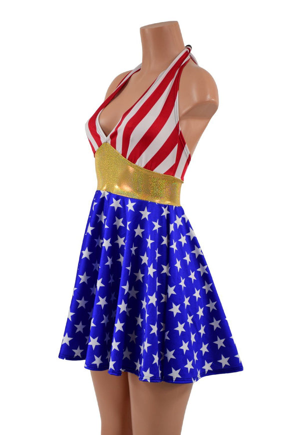 Patriotic Stars and Stripes Halter Skater Dress - Coquetry Clothing