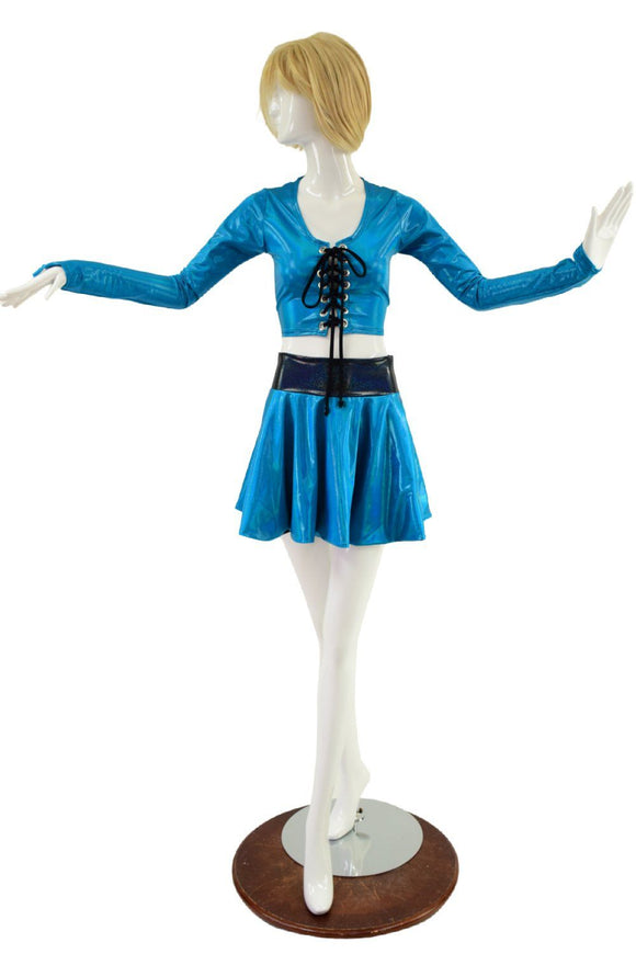 Peacock Blue Lace Up Crop Top & Flip Skirt Set - Coquetry Clothing