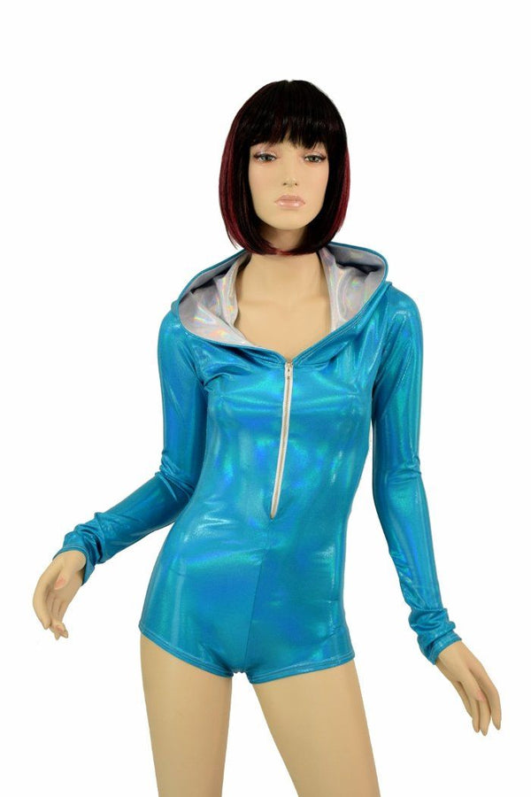 Peacock Holo Long Sleeve Hoodie Romper - 7