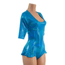 Peacock Holographic Half Sleeve Romper with Hip Ruffles - Coquetry Clothing