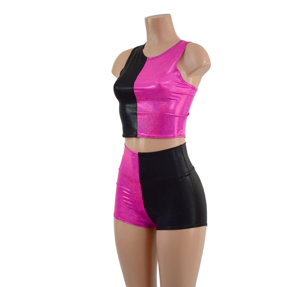 Pink and Black Harlequin High Waist Shorts & Crop Set - Coquetry Clothing