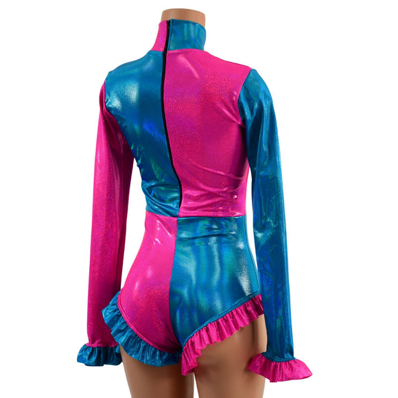 Pink and Blue Quad Color Blocked Romper with Ruffles - Coquetry Clothing