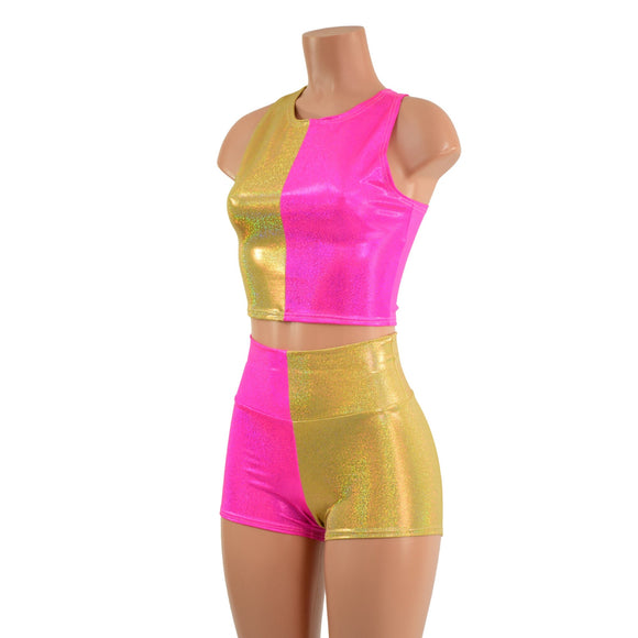 Pink and Gold Harlequin High Waist Shorts & Crop Set - Coquetry Clothing