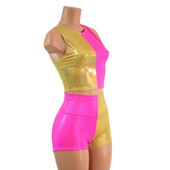 Pink and Gold Harlequin High Waist Shorts & Crop Set - Coquetry Clothing