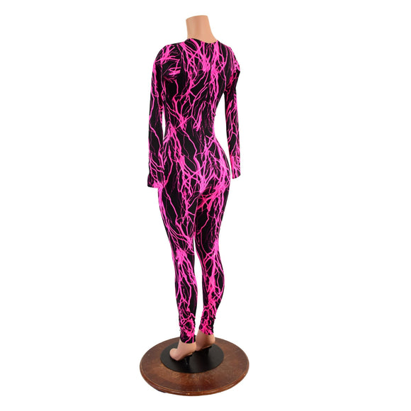 Pink Lightning Long Sleeve Catsuit with Crew Neck and Back Zipper - Coquetry Clothing