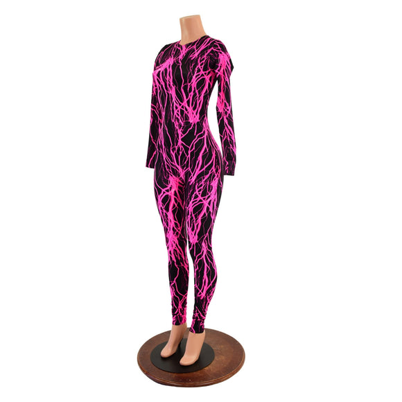 Pink Lightning Long Sleeve Catsuit with Crew Neck and Back Zipper - Coquetry Clothing