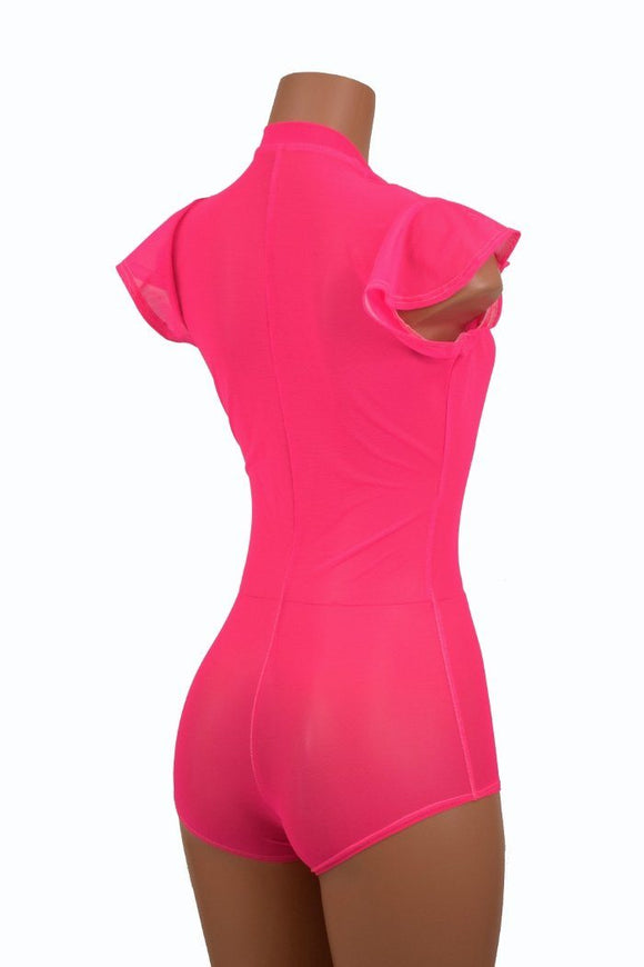 Pink Mesh Plunging V Neck Romper - Coquetry Clothing