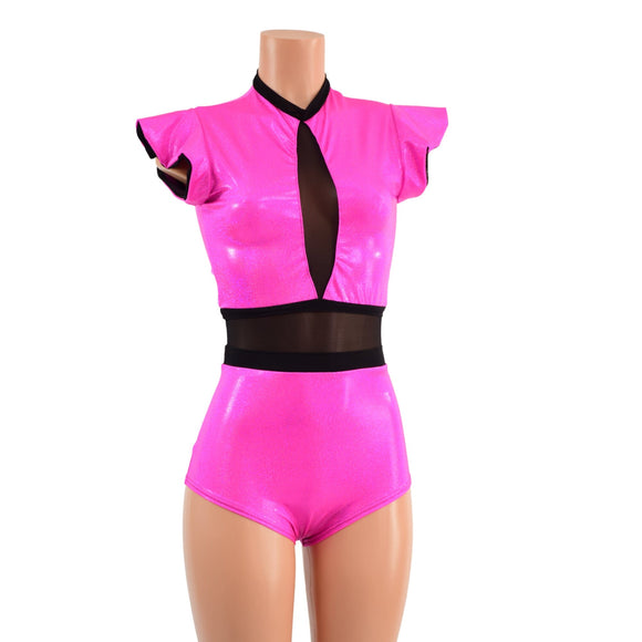Pink Sparkly Jewel and Mesh Romper with Inset Keyhole Neckline - Coquetry Clothing
