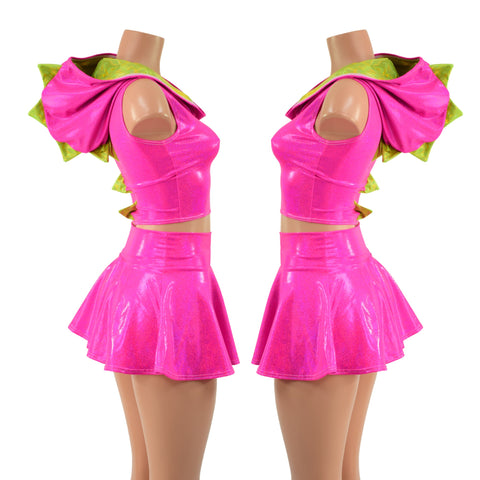Neon Pink and Lime Dragon Crop Hoodie & Skirt Set - Coquetry Clothing