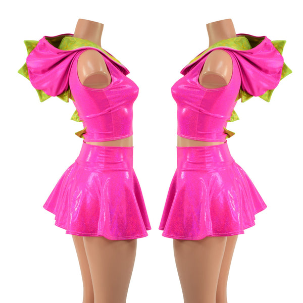 Neon Pink and Lime Dragon Crop Hoodie & Skirt Set - 1