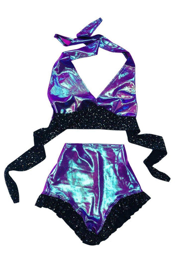 Plumeria and Star Noir Halter & Ruffled Leg Siren Shorts Set - Coquetry Clothing