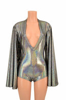Plunging V Neck Silver Holographic Romper - Coquetry Clothing