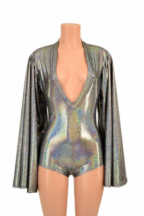 Plunging V Neck Silver Holographic Romper - Coquetry Clothing