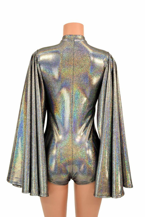 Plunging V Neck Silver Holographic Romper - Coquetry Clothing