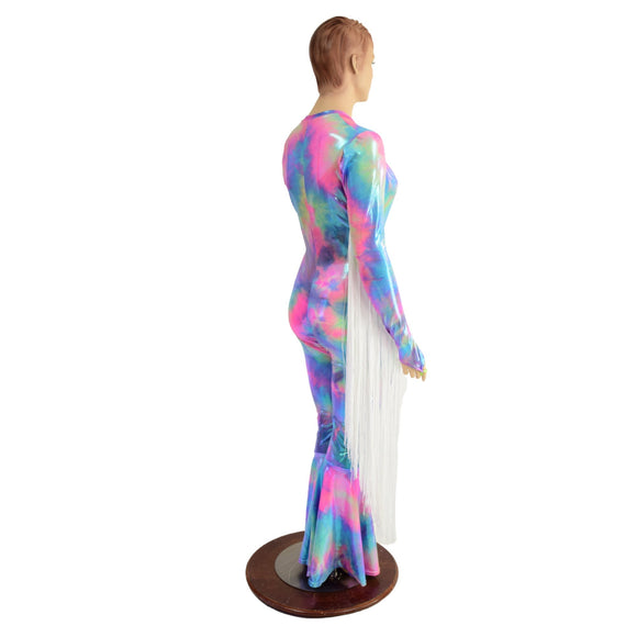 Plunging V Neckline Catsuit with 30" White Fringe - Coquetry Clothing