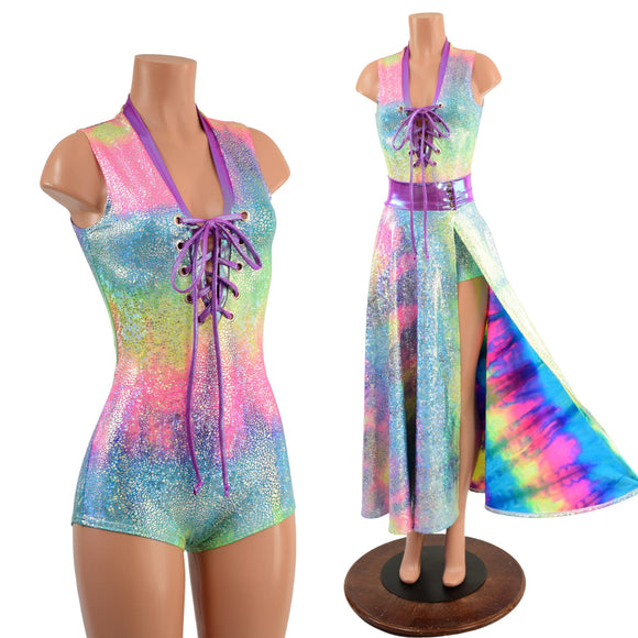 Plunging V Romper and Breakaway Maxi Skirt Faux Gown Set - Coquetry Clothing