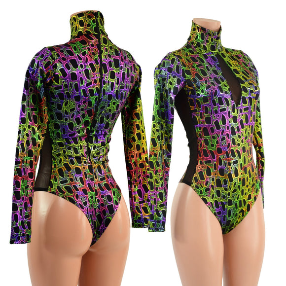 Poisonous Romper with Brazilian Cut Leg, Mesh Side Panels and Inset Keyhole - Coquetry Clothing