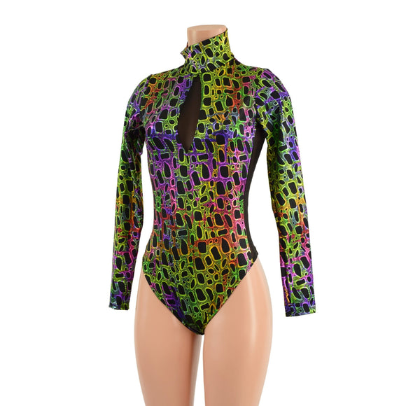 Poisonous Romper with Brazilian Cut Leg, Mesh Side Panels and Inset Keyhole - Coquetry Clothing