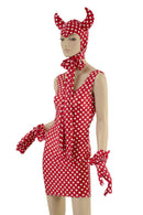 Polka Dot Devil Bonnet, Ruffle Gloves, and Bodycon Tank Dress Set - Coquetry Clothing