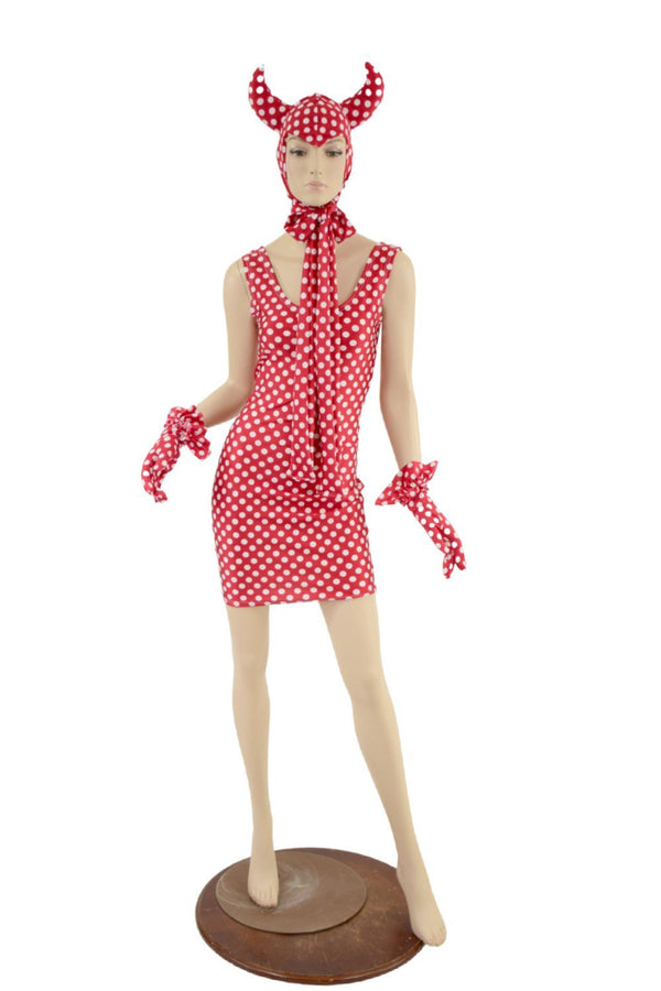 Polka Dot Devil Bonnet, Ruffle Gloves, and Bodycon Tank Dress Set - 3