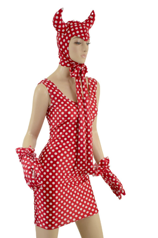 Polka Dot Devil Bonnet, Ruffle Gloves, and Bodycon Tank Dress Set - 5