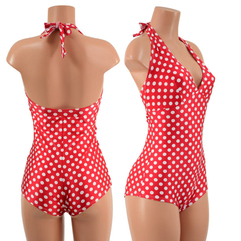 Red and White Polka Dot Monroe Halter Romper - Coquetry Clothing