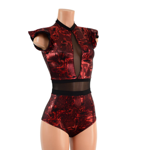 Primeval Red and Mesh Romper with Inset Keyhole Neckline - Coquetry Clothing
