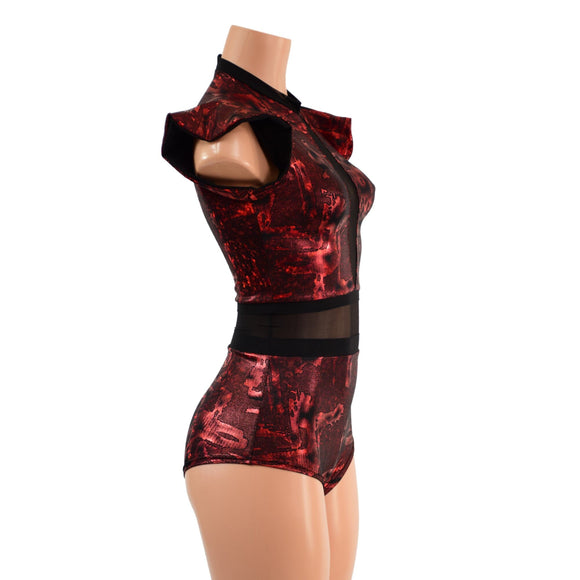 Primeval Red and Mesh Romper with Inset Keyhole Neckline - Coquetry Clothing