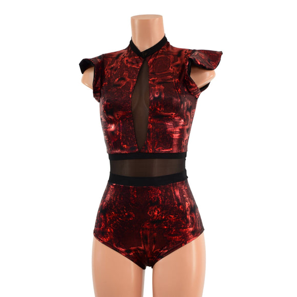Primeval Red and Mesh Romper with Inset Keyhole Neckline - Coquetry Clothing